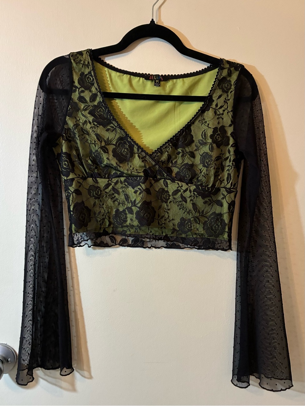dELiA*s Lime Green & Black Floral Lace Cropped Top Sheer Whimsigoth Rave Y2K  M
